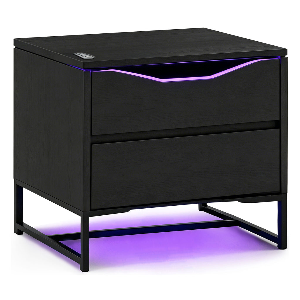 NoxRoc LED Nightstand with 2 Drawers, Modern Gaming Bedside Table with RGB LED Lights, Black Storage Cabinet for Bedroom, Living Room or Gaming Room