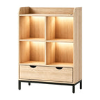 NoxRoc Modern Storage Cabinet with LED Lights, Wood Accent Cabinet with Drawer & Open Storage, Metal Frame Organizer for Bedroom, Living Room, Entryway or Home Office, Natural Oak Finish