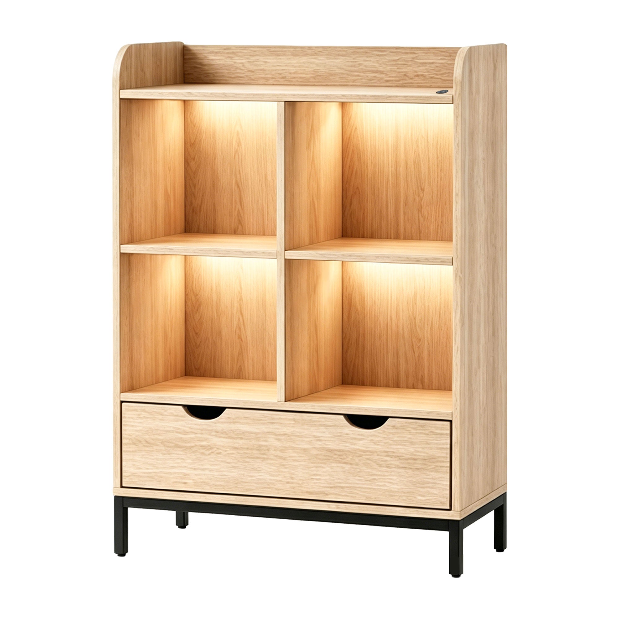 NoxRoc Modern Storage Cabinet with LED Lights, Wood Accent Cabinet with Drawer & Open Storage, Metal Frame Organizer for Bedroom, Living Room, Entryway or Home Office, Natural Oak Finish