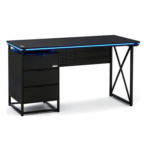NoxRoc 55 Inch Gaming Desk with RGB LED Lights, Computer Desk with Drawer & PC Storage Shelf, Heavy-Duty Metal Frame Gamer Desk, Modern Home Office Workstation, 55" W x 24" D x 29" H