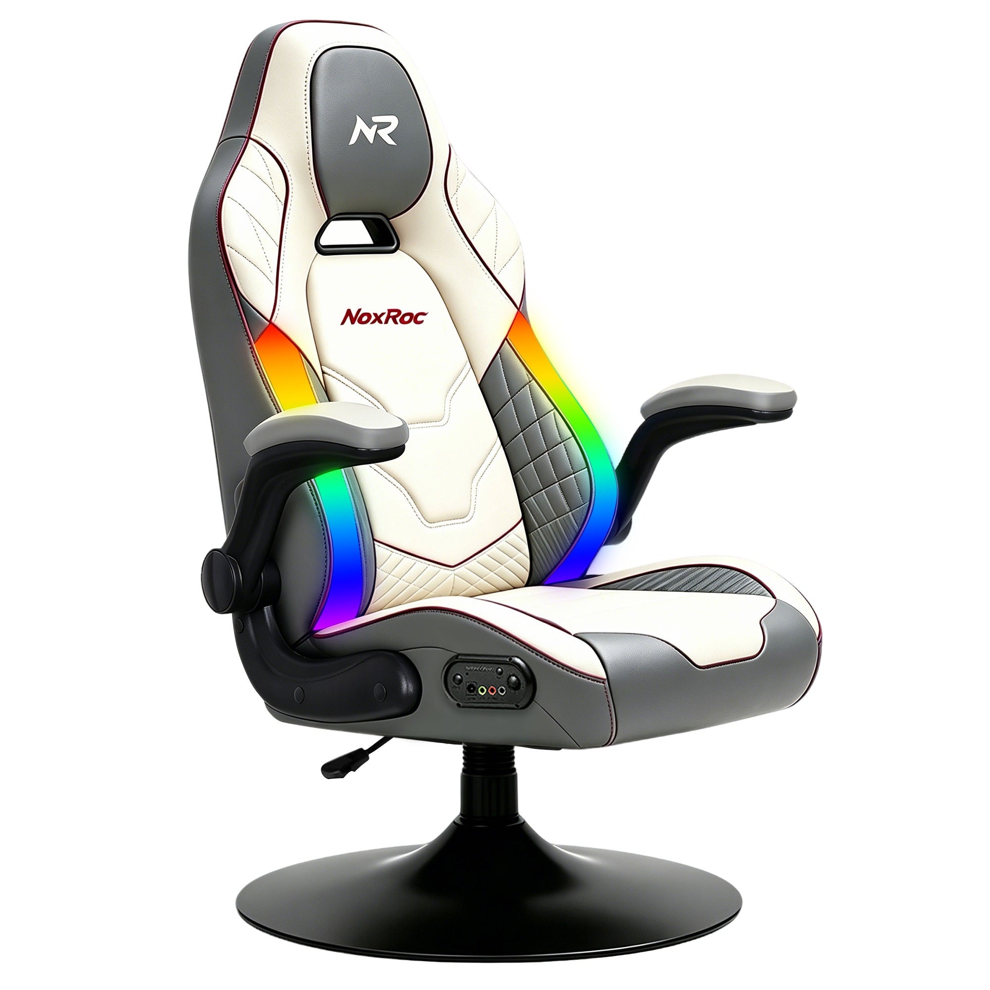 NoxRoc Console Rocker Gaming Chair, Built-in Speakers with RGB LED, Swivel Seat with Lumbar Support | 360° swivel rocker gaming chair with lumbar support, flip-up arms and stable base for console gaming or reading.