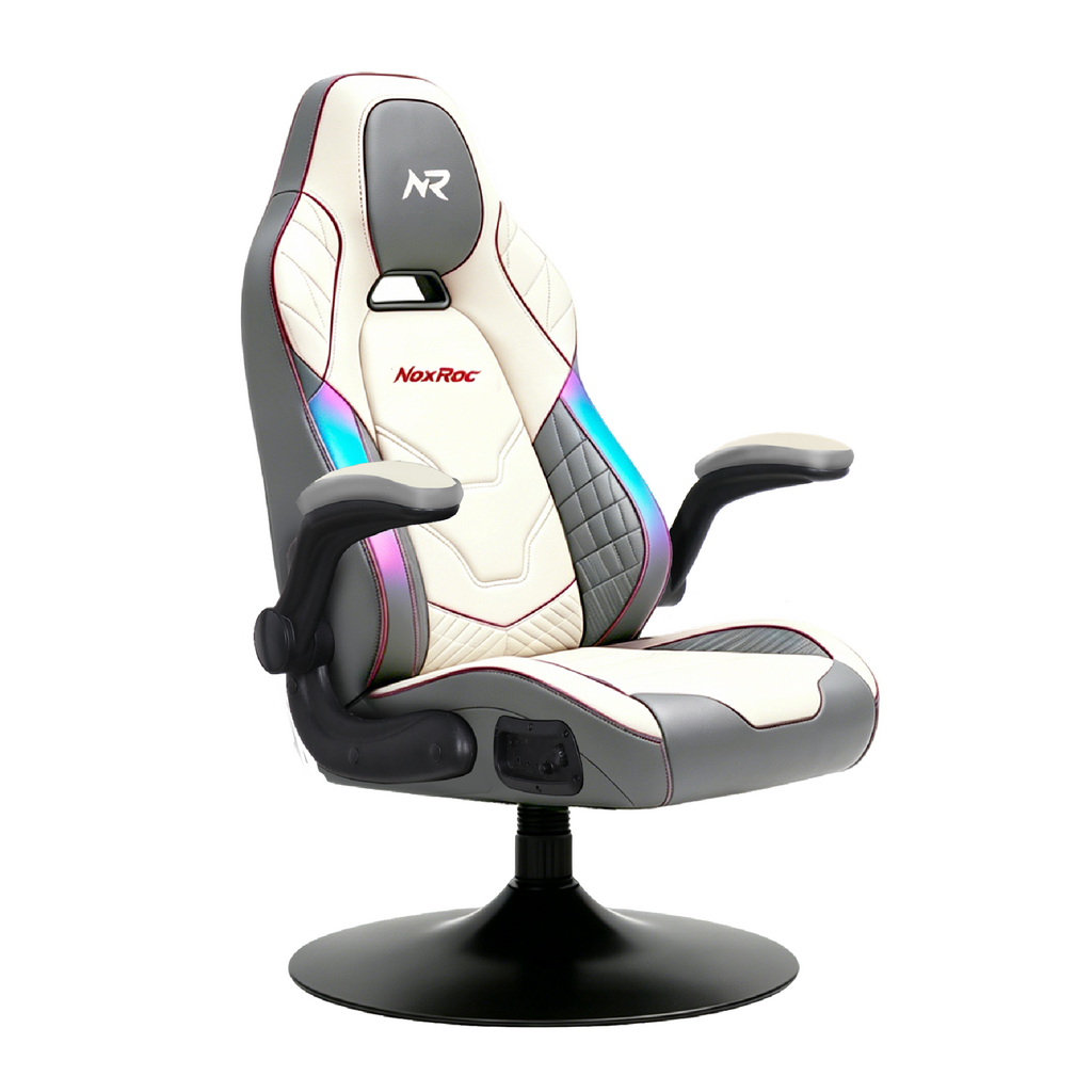 NoxRoc Console Rocker Gaming Chair, Built-in Speakers with RGB LED, Swivel Seat with Lumbar Support | 360° swivel rocker gaming chair with lumbar support, flip-up arms and stable base for console gaming or reading.
