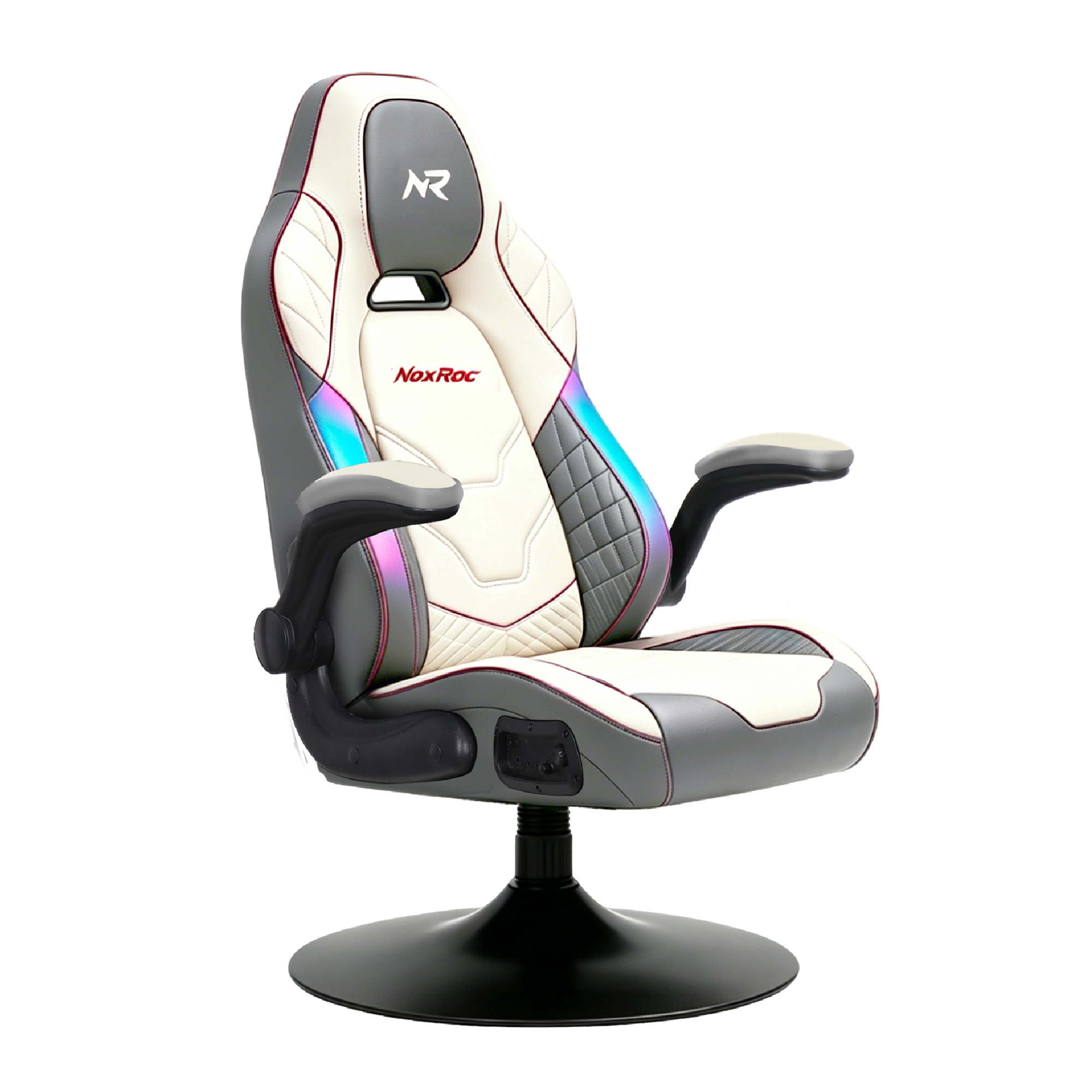 NoxRoc Console Rocker Gaming Chair, Built-in Speakers with RGB LED, Swivel Seat with Lumbar Support | 360° swivel rocker gaming chair with lumbar support, flip-up arms and stable base for console gaming or reading.