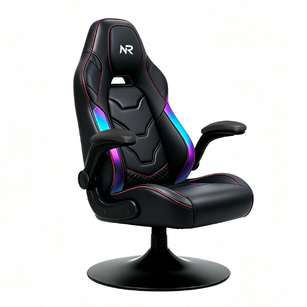 NoxRoc Console Rocker Gaming Chair, Built-in Speakers with RGB LED, Swivel Seat with Lumbar Support | 360° swivel rocker gaming chair with lumbar support, flip-up arms and stable base for console gaming or reading.